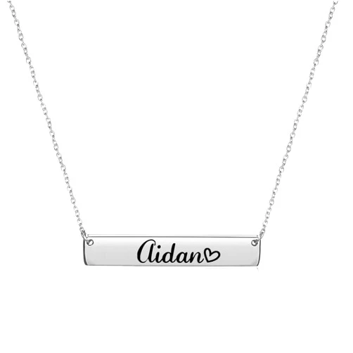 Aoloshow Personalized Name Bar Necklace Custom Engraved Bar Pendant Necklace Silver Color Stainless Steel Jewelry for Womens Adjustable Chain