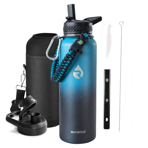 RAYMYLO Insulated Water Bottle 40 oz, Triple Wall Vacuum Stainless Steel (Cold for 48 Hrs), Leak Proof & Non-BPA, Modern Water Flask Jug with Paracord Handle & Straw Spout Lids, Indigo/Black