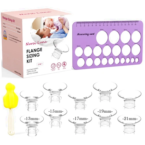 Nursi Luna Flange Sizing Kit 3 in 1 Ultimate with 10PCS Flange Inserts 13/15/17/19/21mm, Nipple Ruler, Cleaning Brush, Silicone Flange Insert Kit for 24mm Most Pumps, Pumping Breastfeeding Essentials
