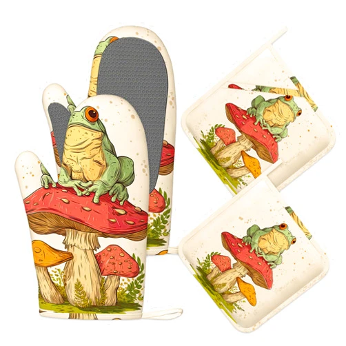 Qvvhorx Green Frog Oven Mitts and Pot Holders Sets,Silicone Mushroom Kitchen Mitts Potholders Heat Resistant 4Pcs Oven Gloves Hot Pads for Kitchen Baking Cooking