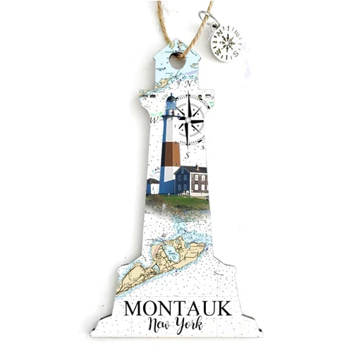 MapMom Montauk, NY Lighthouse Shaped Wood Map Ornament | 4” Tall Wood Hanging Map Ornament with Artwork & Charm | Perfect for Wine Bottles, Gift Bags, or Christmas Tree