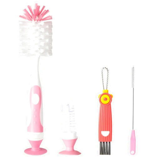 Ariseno 4-in-1 Baby Bottle Brush Set, Bottle Brush for Baby, Bottle Cleaner Brush Set, Including Nylon Bottle Brush, Bottle Cap Brush, Straw Brush, Nipple Brush, BPA-Free (Pink)