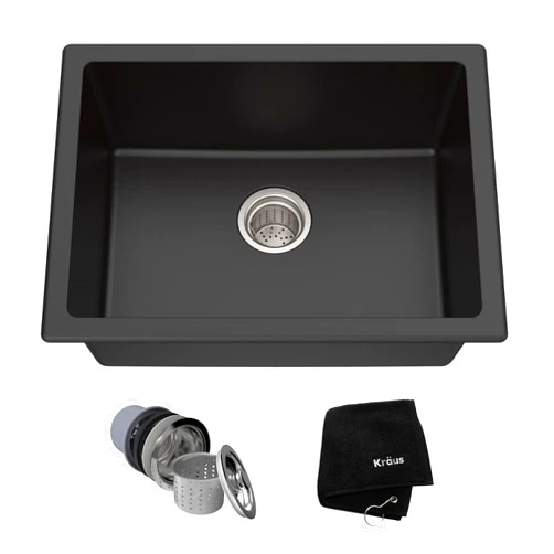 KRAUS Quarza 24-inch Kitchen Sink Drop-In/Undermount Single Bowl Granite Kitchen Sink Black Onyx, KGD-410B