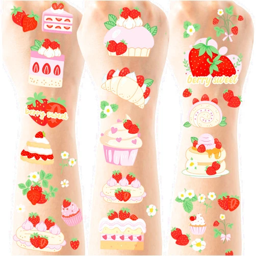 CRASHOT Strawberry Temporary Tattoos Party Favors - 3 Styles 6 Sheets Strawberry Shortcake Birthday Party Supplies, Baby Shower Home Activity Berry Party Decorations, Treat Bag Stuffers for Kids