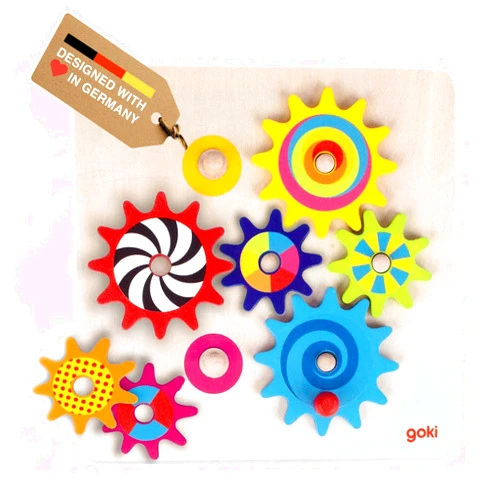 Goki Wooden Spinning Gears 8-Piece Montessori Educational Toys for 3 Year Old STEM Cause & Effect Building Set for Fine Motor Skills & Logical Thinking I Sensory Toys for Toddlers I Gifts for 3+