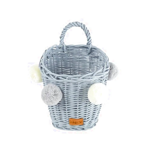 Generic WIKLIBOX Rattan Hanging Wall Basket - Hand Made in Europe - Decorative Wicker Basket with Pompoms - Cute & Functional Baby Nursery Decor - Perfect for Kitchen, Bathroom & Kids Room | Blue