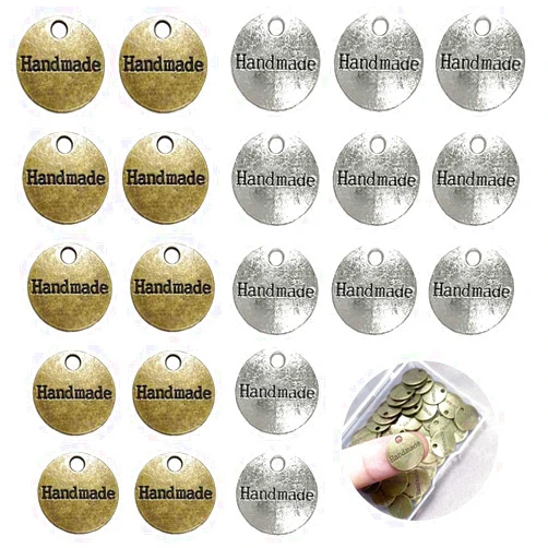 Juland 60PCS Handmade Metal Tags Alloy Hand Made Pendant Bead Charm Metal Label Tag Signs for DIY Jewelry Making Crafts Findings Gift – 14mm - Round Silver + Bronze