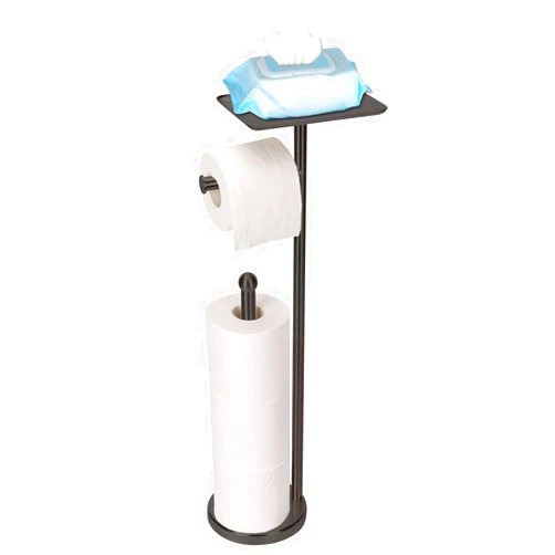 Fatizon Toilet Paper Holder Black, Freestanding Toilet Paper Stand with Shelf for Small Items, Toilet Paper Holder with Storage Space for 4 Extra Toilet Paper Rolls (Stainless Steel Base, Black)