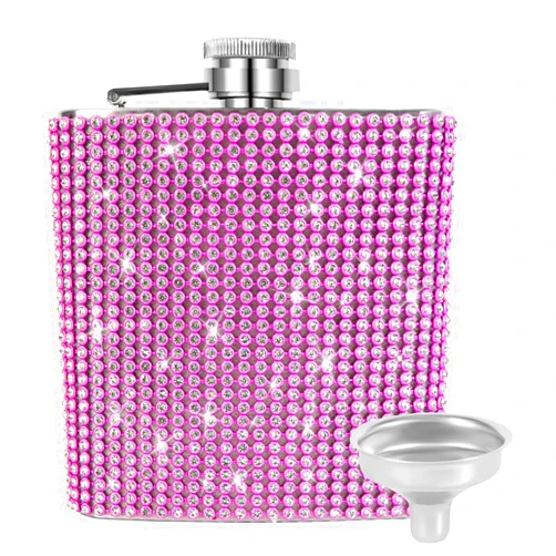 INSTOME Diamond Hip Flask,Flasks for Liquor for Women,6oz Bling Flasks for Liquor,Rhinestone Hip Flask Leakproof with Funnel,Leakproof Flask for Wine Whiskey Liquor Drinking (6oz, pink)