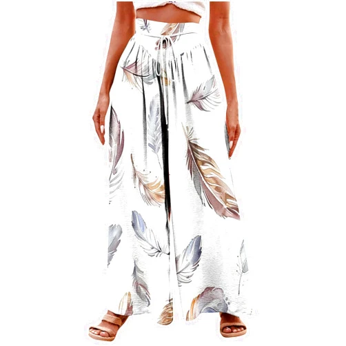 Sruiluo Women's Lace Up High Waisted Wide Leg Pants Feather Printing Pleated Palazzo Pants Comfort Casual Flowy Trousers