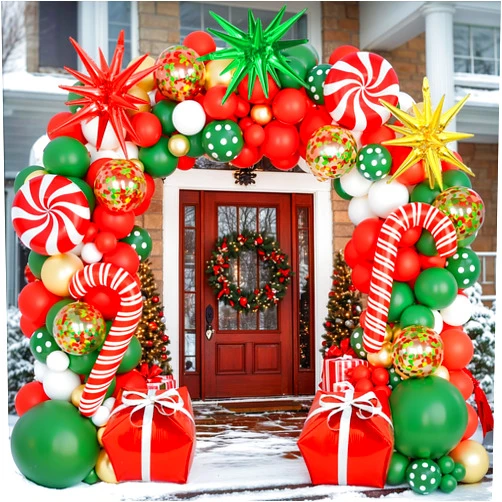 PUFFLD Christmas Balloons Garland Arch Kit, Red Green White Gold with Candy Cane Gift Box Explosion Star Foil Balloons for Christmas New Year Candies Xmas Theme Party Decorations...
