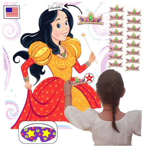English Cards Studio Art Pin The Tiara On The Princess Game for Kids - Large Princess Poster 19 x 22 ¾ Inches and 16 Tiaras Yard Games for Girls - Princess Party Decorations