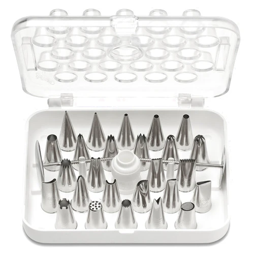 Ateco 29 Piece Cake Decorating Set, Includes 26 Stainless Steel Tubes, 1 Standard Coupler, 2 Flower Nails in Hinged Storage Box