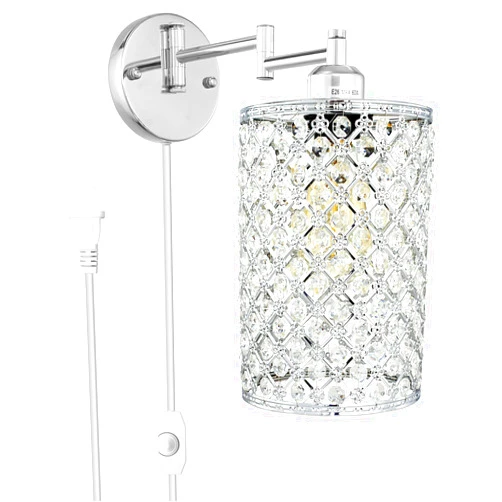 Merlight 1-Light Wall Lamp Modern Style Metal Round lampshade Decorative Dimmable Crystal E26 Base Wall Lights Industrial Swing Arm Wall Sconce for Home Decor Plug-in Wall lamp 67.59 inch Cord