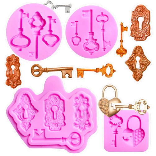 Acvcatto Key Chocolate Silicone Molds, 4 Packs Vintage Key Clay Mould for Birthday Wedding Lock Key Cake Decoration, Cupcake Toppers Resin Candy
