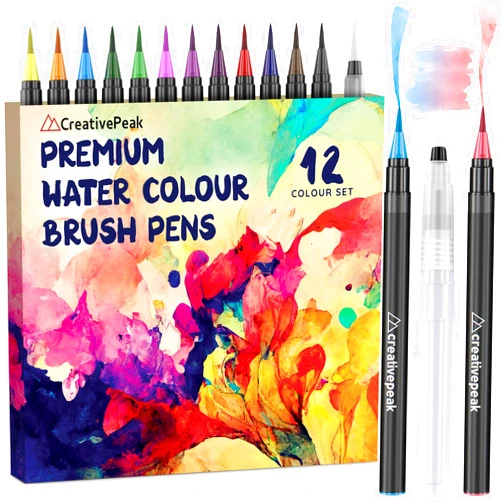 Creativepeak Watercolor Brush Pens, 12 Vibrant Soft Tip Coloring Markers w/Blending Brush, Watercolor Brush Pen Set for Calligraphy, Lettering, Coloring & Journaling, Premium Art Supplies