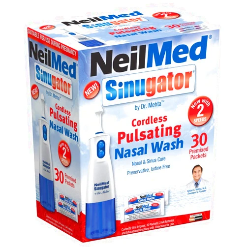 NeilMed Sinugator Cordless Pulsating Nasal Wash Kit with One Irrigator, 30 Premixed Packets and 3 AA Batteries(Pack of 1)