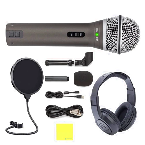 Liquid Audio Samson Q2U USB/XLR Dynamic Microphone Bundle with Over Ear Samson Stereo Headphones SR350, Pop Filter, Desktop Tripod, Mic Clip a Windscreen, USB Cable, XLR Cable & Polishing Cloth