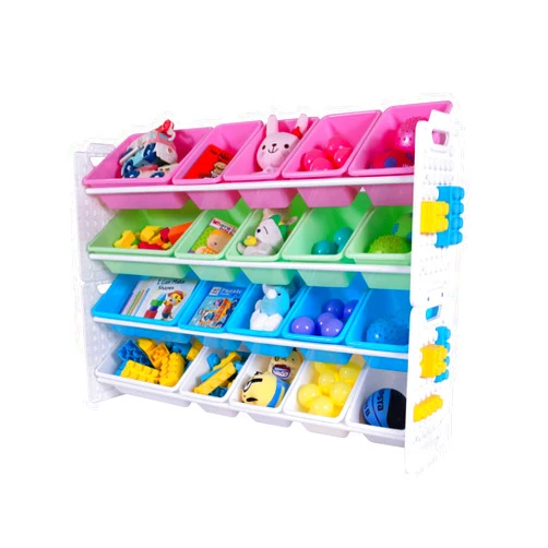 UNiPLAY Toy Organizer with 20 Removable Storage Bins, Multi-Bin Organizer for Books, Building Blocks, School Materials, Toys with Baseplate Board Frame (Pink)