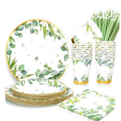 LIUGUSUN Gender Neutral Baby Shower Plates and Napkins for 25 Sage Green Party Decorations Boy Girl Birthday Bridal Shower Floral Wedding Gold Green Decor Greenery Safari Jungle Theme Boho chic Party Supplies