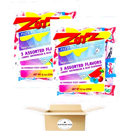 SUPREME BOX Zot-Z Fizz Power Candy Assorted - Cherry, Watermelon & Blue Raspberry, Fruit Flavored Hard Candy with a Fizzy Center, Gluten-Free 8.1 oz - Pack of 2 with Supreme Box
