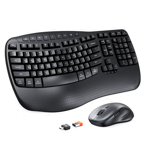 MEETION New Ergonomic Keyboard and Mouse Wireless Combo, Wave Keys Natural Typing, 2.4G Wireless Keyboard with Wrist Rest, 4 Adjustable DPI Wireless Mouse, Computer/Laptop/Windows/Mac, Black