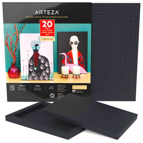 ARTEZA Mixed Media Paper Foldable Canvas Pad, 8x11 Inches, 20 Sheets, Black Paper