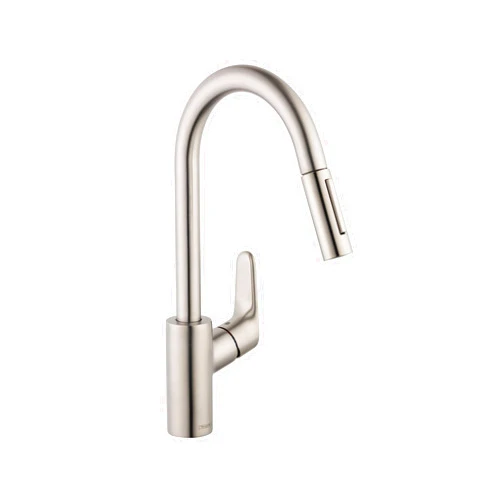 hansgrohe Focus Stainless Steel High Arc Kitchen Faucet, Kitchen Faucets with Pull Down Sprayer, Faucet for Kitchen Sink, Magnetic Docking Spray Head, Stainless Steel Optic 04505800, 1.75