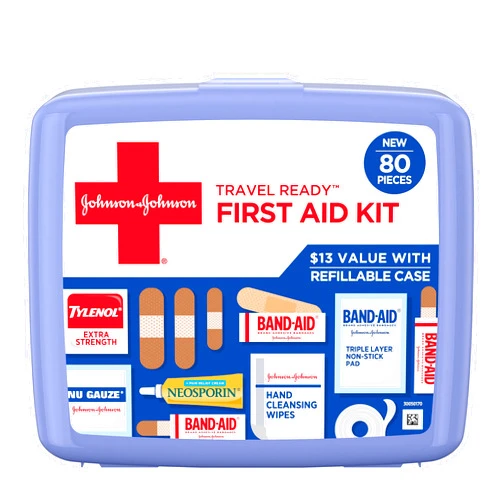 Johnson & Johnson Travel Ready Portable Emergency First Aid Kit for Minor Wound Care with Assorted Adhesive Bandages, Gauze Pads & More, Ideal for Travel, Car & On-The-Go, 80 pc