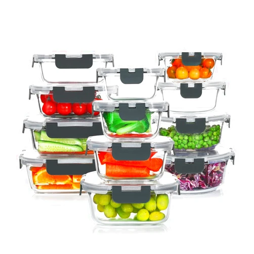 KOMUEE 24 Pieces Glass Food Storage Containers Set,Glass Meal Prep Containers-Stackable Airtight Glass Storage Containers with lids,Freezer, Microwave, Oven Safe,Gray