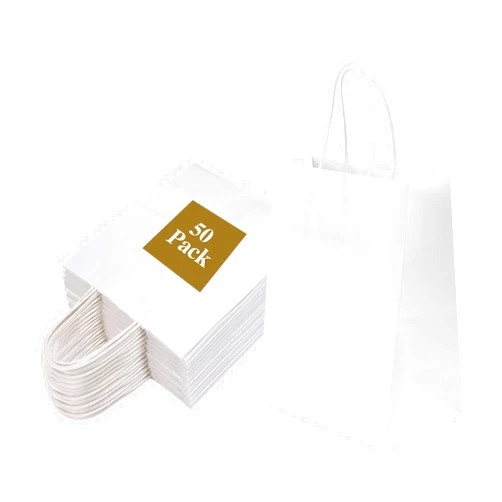 Joybe 50 Pack 8x4.75x10 Inch Medium White Kraft Paper Bags with Handles Bulk, Craft Paper Gift Bags for Party Favors Grocery Retail Shopping Business Goody Merchandise Take Out Blank Sacks (50pcs)