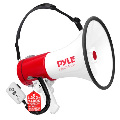 Pyle Portable Megaphone Speaker PA Bullhorn-Built-in Siren, 50W Adjustable Volume Control &1200 Yard Range-Ideal for Any Outdoor Sports,Cheerleading Fans & Coaches or for Safety Drills - PMP52BT