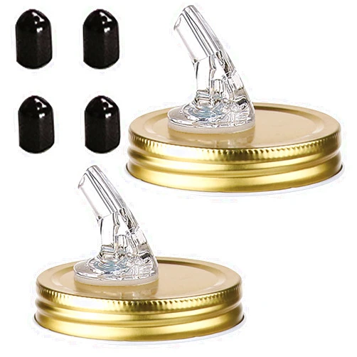 ZiHenryDa Mason jar pour spout. Free Flow Mason Jar Pour Spout, Mason Jar Regular Spout Dispenser For Any Liquid. Leakproof, Gold (2-Pack + 2 Black Lids)