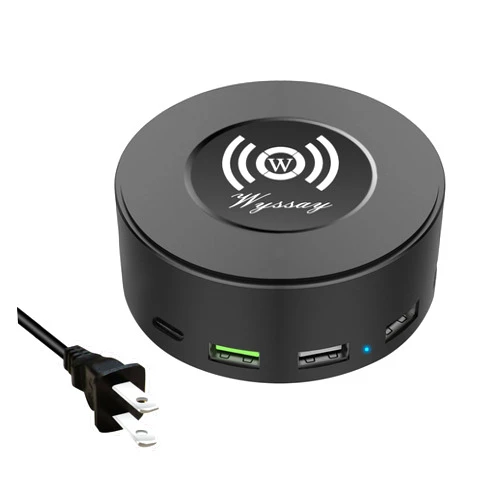 Wyssay 75W 6-Port USB Charger Desktop Charging Station(Type-C, Quick Charge 3.0 and 4 USB Ports) with Wireless Charger,Multi USB Charger Hub for Smartphone and More Black