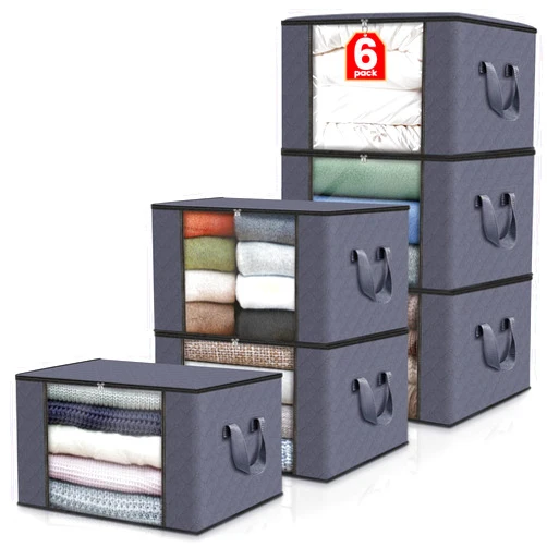 Fab totes 6 Pack Clothes Storage, Foldable Blanket Storage Bags, Storage Containers for Organizing Bedroom, Closet, Clothing, Comforter, Organization and Storage with Lids and Handle, Grey