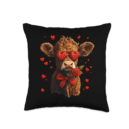 Merch_template Highland Cow Valentines Day Funny Hearts Valentine Cow Women Throw Pillow