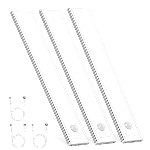 DEALGADGETS 3 Pack Under Cabinet Lights, LED Motion Detector 7.8inch/20cm Under-Cabinet Light Kitchen Stepless Dimmable Strip Rechargeable Night Light for Kitchen Stairs Bookcase