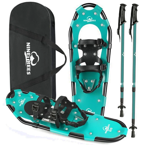 NineTrees Snowshoes for Men Women Youth Kids, Light Weight Aluminum Alloy Terrain Snow Shoes with Crampon Protector, Trekking Poles and Carrying Tote Bag