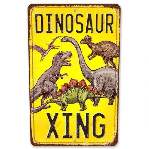 Lone Star Art Store Dinosaur Crossing Sign - Cool Tin Sign for Wall Decor, Dinosaur Party Decoration Signs, Dinosaur Poster for Boys Room and Play Room, 8x12 Use Indoors or Outdoors Durable Rustic Metal Sign