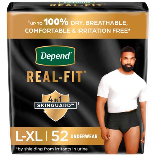 Depend Real Fit Incontinence Underwear for Men, Disposable, Maximum Absorbency, Large/Extra Large, Black, 52 Count (2 packs of 26), Packaging May Vary