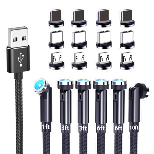 Bojianxin Magnetic Charging Cable, 540° Rotating Magnetic Phone Charger [6-Pack, 1ft/3ft/3ft/6ft/6ft/10ft] 3 in 1 Magnetic Charger Cable Nylon Braided Magnetic USB Cable for Type C,Micro USB,iProduct (black)