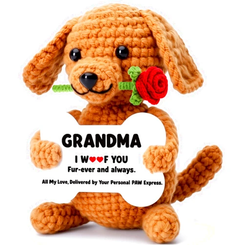 Wilbrea Funny Dog Mothers Day Grandma Gifts from Grandkids, Birthday Gifts for Grandma from Granddaughter Grandson, Mini Cute Cool Stuff Things I Love You Grandmom Presents, Small Happy Crochet Rose Dog Puppy