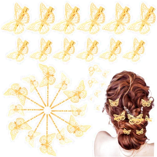 WILLBOND 24 Pieces Halloween Butterfly Hair Clips Metal Butterfly Hair Clamps Metallic Hollow Butterfly Hairpins Clips Hair Accessories for Women Girls Weddings Bride, 2 Styles and 2 Sizes (Gold)