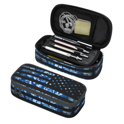 YIJIUWKIS American Flag Style Pencil Case for Kids Adults, Camo Pencil Box for Boys Girls, Blue Pencil Pouch Big Capacity Portable Stationery Storage Desk Pen Bag for School Office