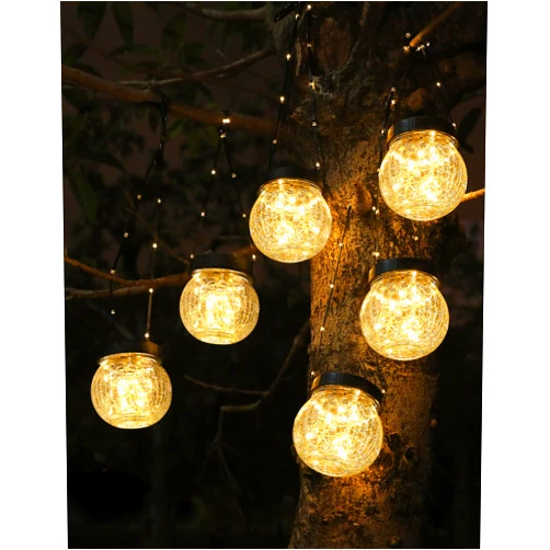 PARTPHONER Solar Lantern Solar Lights Outdoor Waterproof 6-Pack, Solar Powered Hanging Lights Cracked Glass Hanging Globes for Christmas Decoration, Shepherd Hook, Garden Tree Ornaments