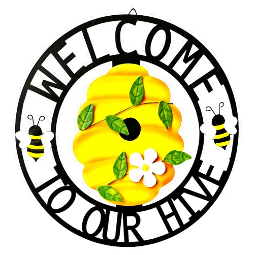 SAGUZOU Front Door Wreath - Metal Welcome Sign for Front Door - Outdoor Hanging Bee Hive Hanger - Decorative Door Wreath for Home Entryway - Weather-Resistant Metal Design for Year-Round Use 13''H