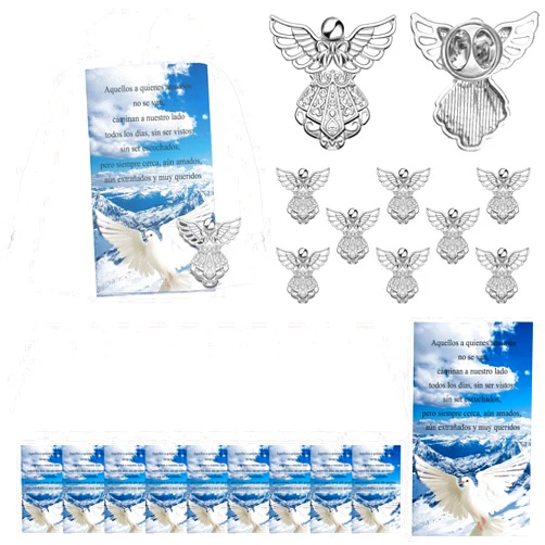 Geosar Set of 25 Memorial Angel Sign Pins Set Funeral Pocket Token Guardian Pocket Angel Pins Lucky Peace Dove Sign Poem Cards White Organza Bags Gift Bag Angel Charms Presents Religious (Spanish)