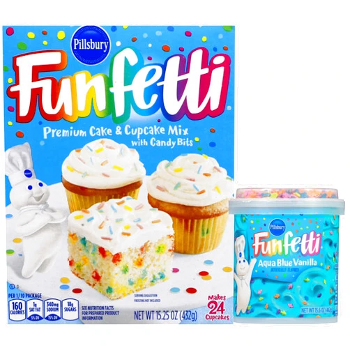 Pillsbury Birthday Bundle: Funfetti Cake Mix and Aqua Blue Vanilla Frosting with By The Cup Candles, 3 Piece Set