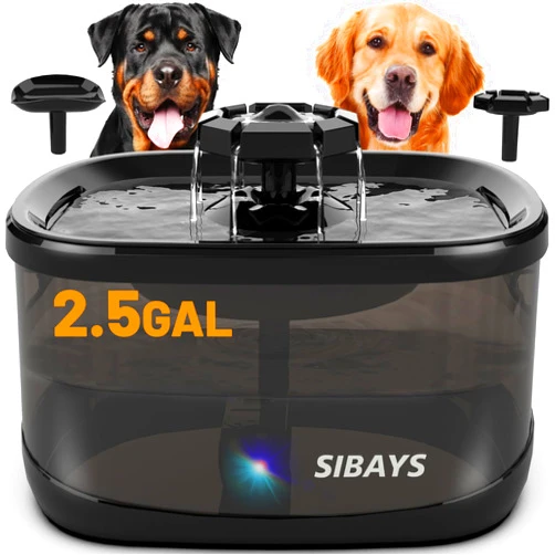 SIBAYS 2.5GAL/9.5L Dog Water Fountain, 3 Flow Modes Pet Water Fountain for Cats, Dog Water Bowl Dispenser with 7