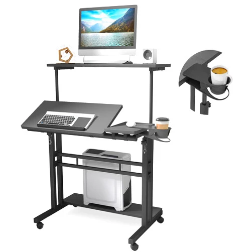 Panta Mobile Standing Desk, Adjustable Rolling Computer Desk with 3 Desktops, Portable Laptop Table with Desk Cup Holder, Home Office Laptop Workstation on Lockable Wheels, Black